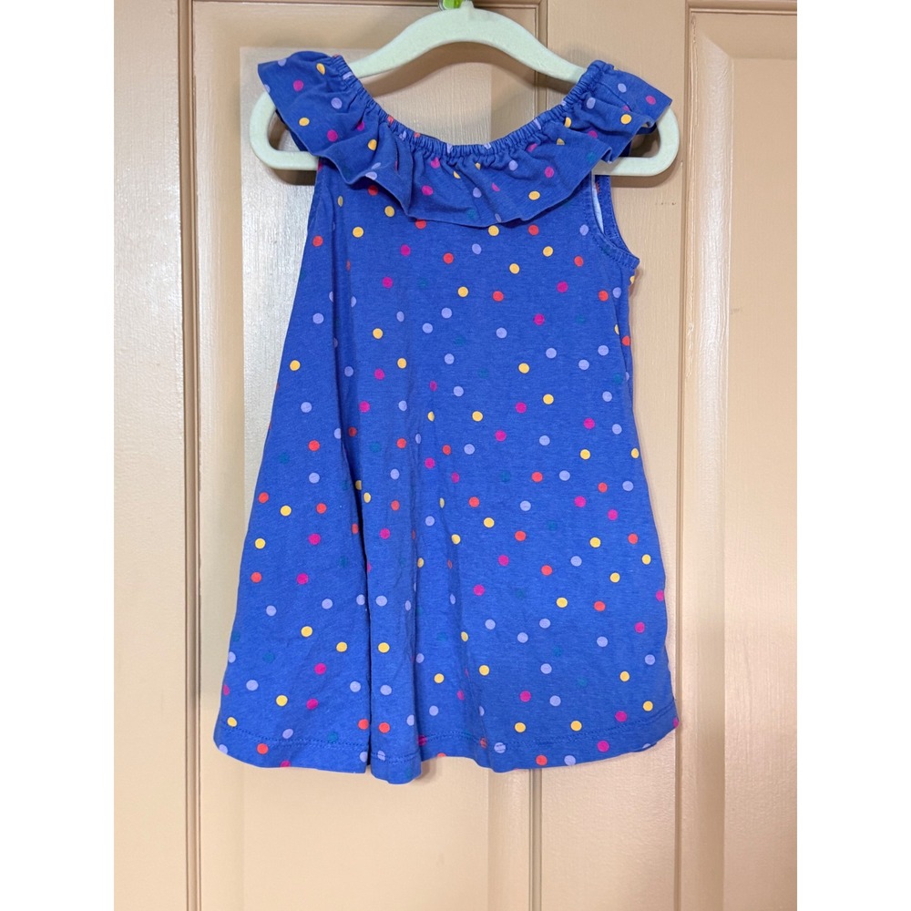 Hanna Andersson Girls Blue Polka Dot Ruffle Neck Cotton Knit Dress 90cm US 3T